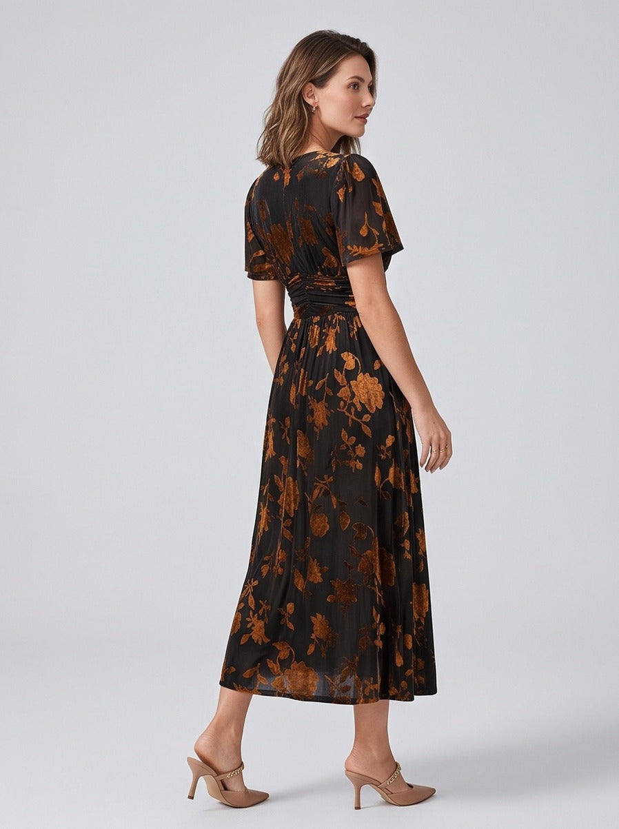 Velvet Floral Ruched Midi Dress