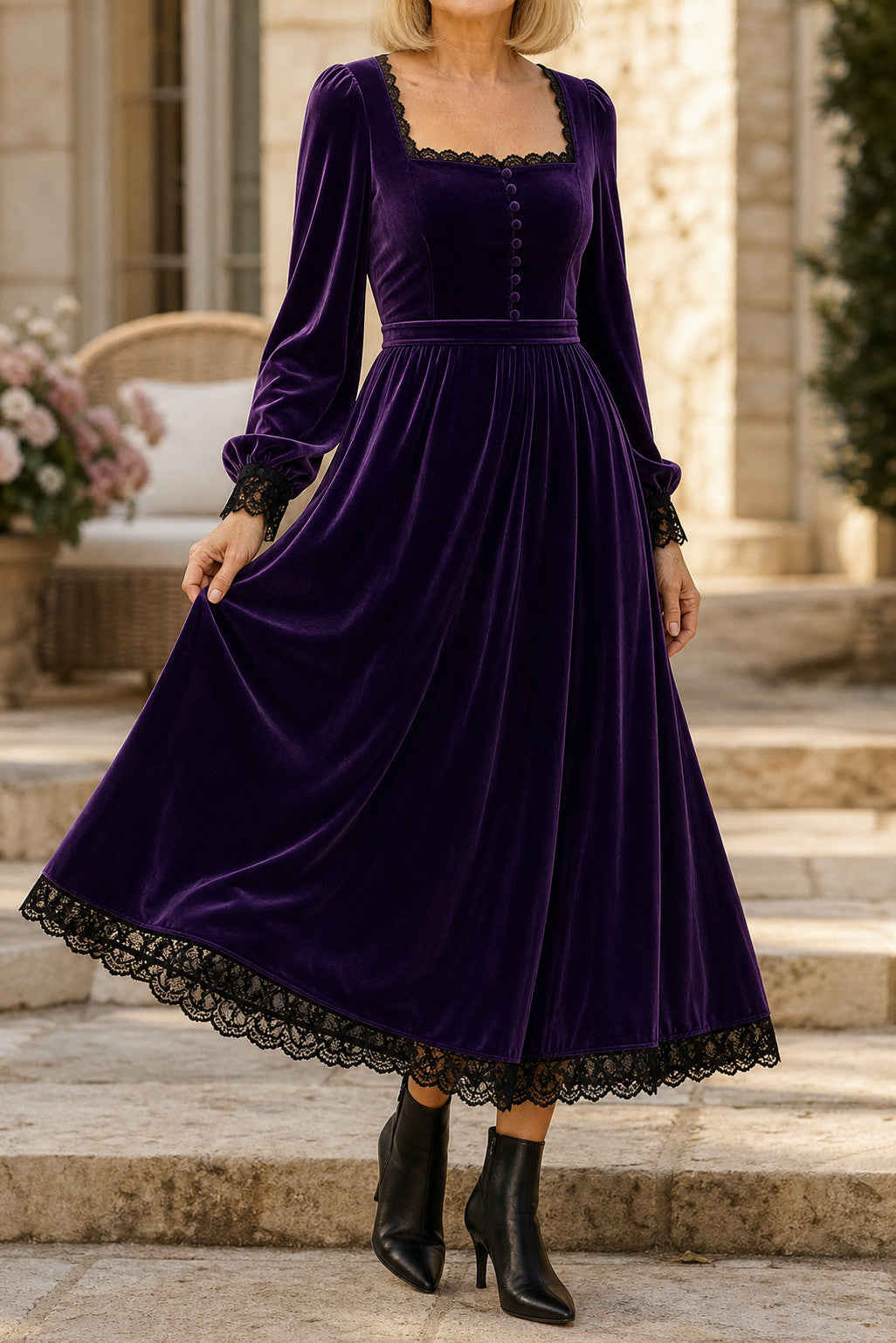 Velvet Lace Trim Midi Dress
