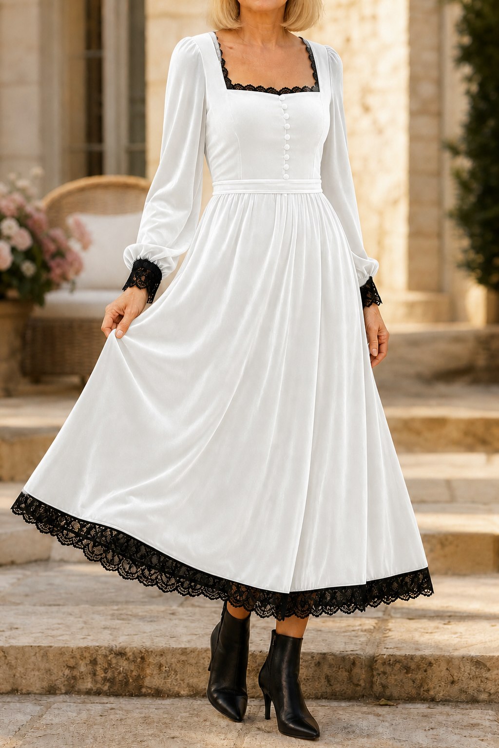 Velvet Lace Trim Midi Dress