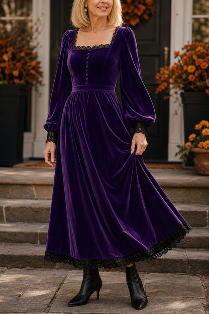 Velvet Lace Trim Midi Dress
