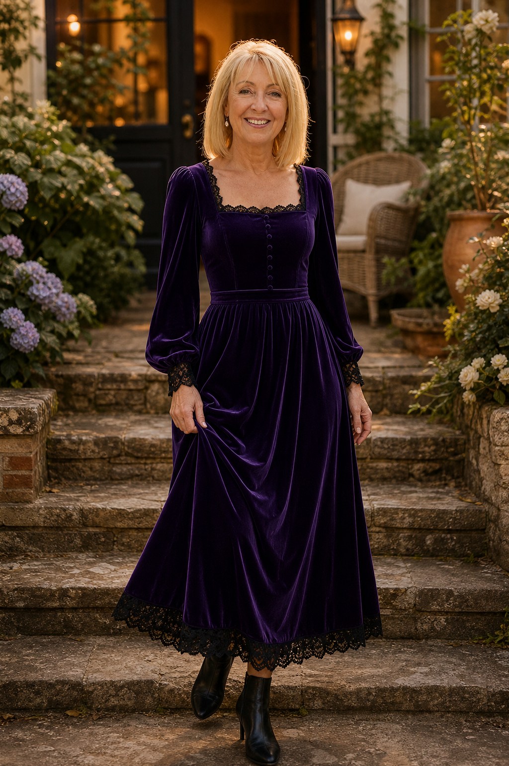 Velvet Lace Trim Midi Dress