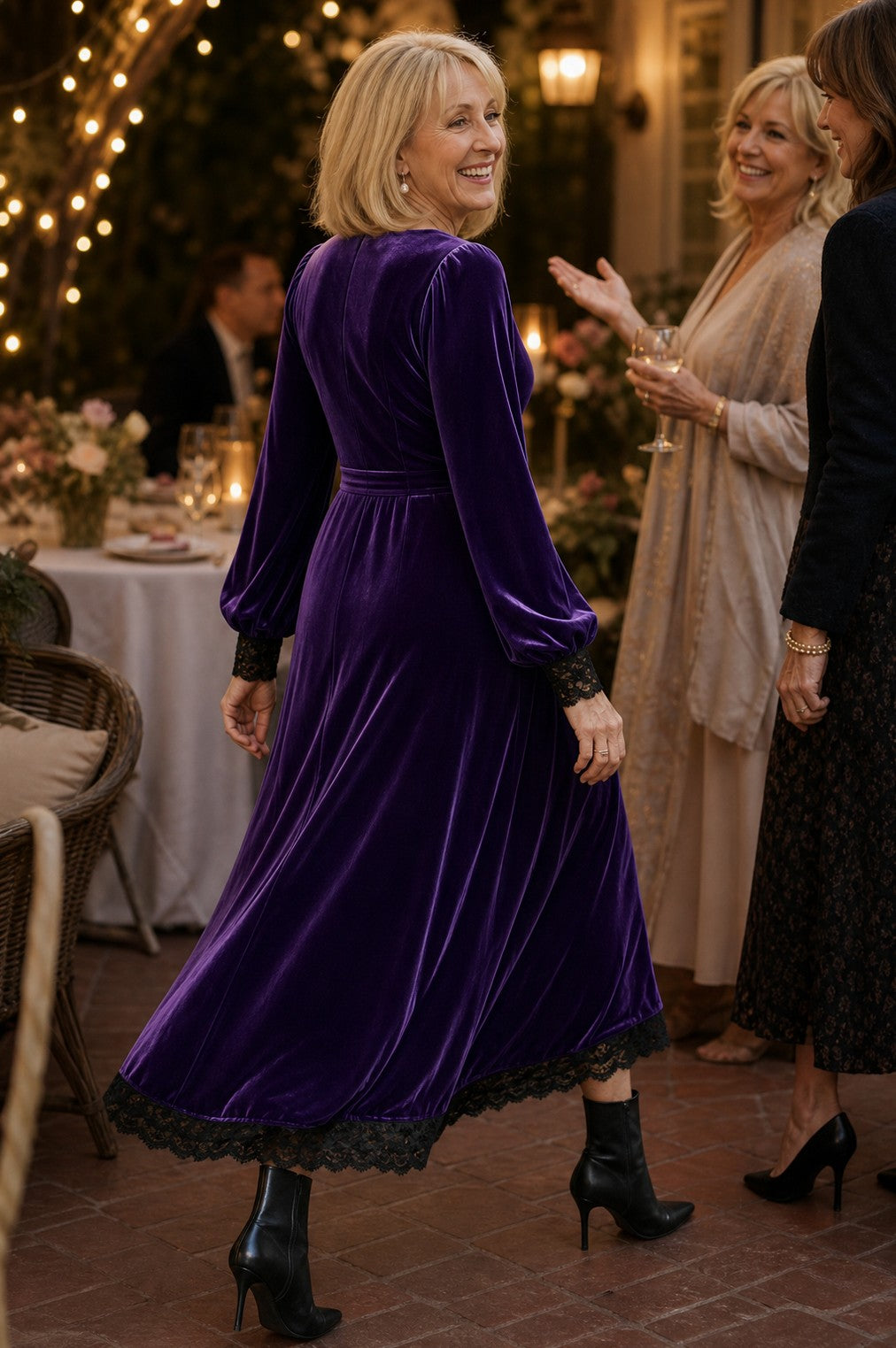 Velvet Lace Trim Midi Dress