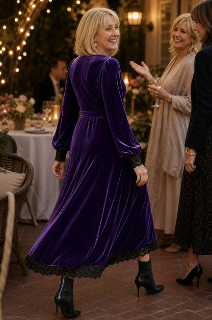Velvet Lace Trim Midi Dress