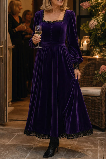Velvet Lace Trim Midi Dress