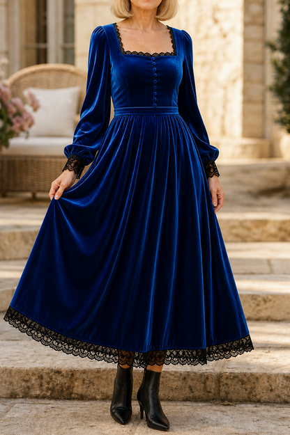 Velvet Lace Trim Midi Dress