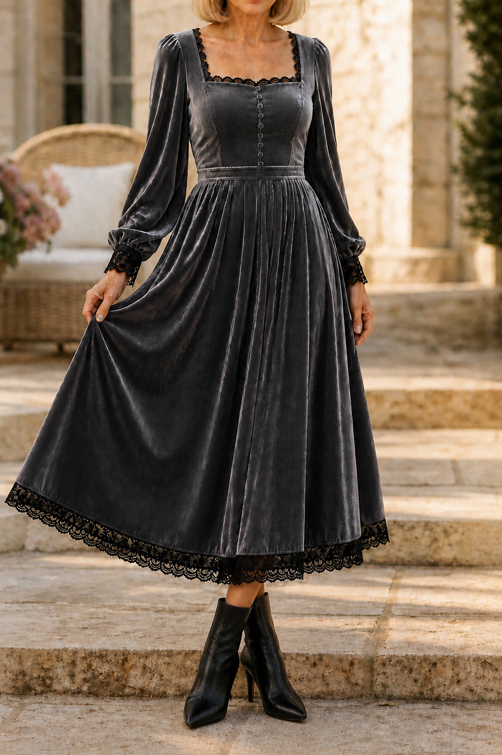 Velvet Lace Trim Midi Dress