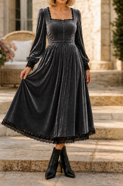 Velvet Lace Trim Midi Dress