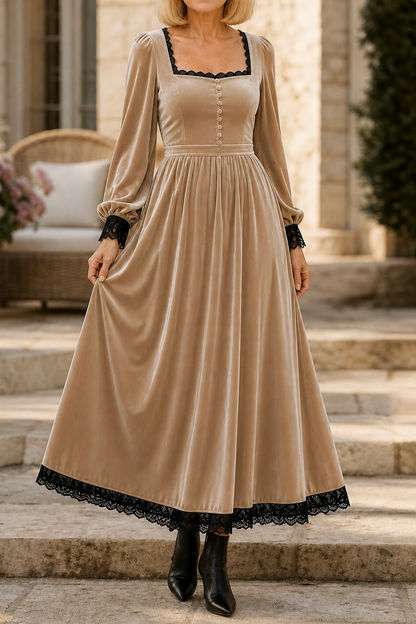 Velvet Lace Trim Midi Dress