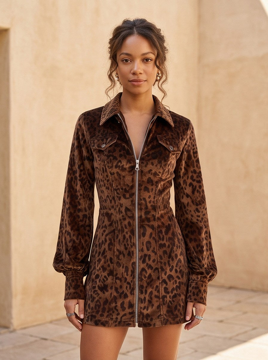 Velvet Long Sleeve Leopard Print Mini Dress