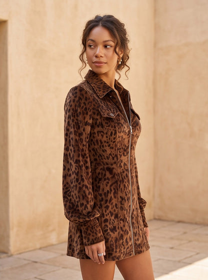 Velvet Long Sleeve Leopard Print Mini Dress