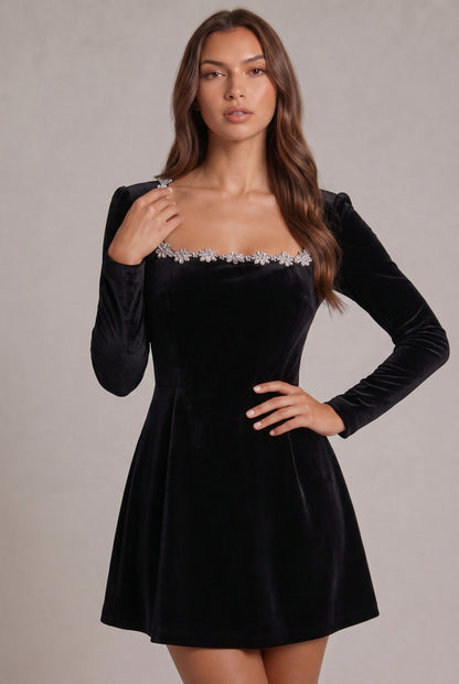 Velvet Long Sleeve A-Line Mini Dress