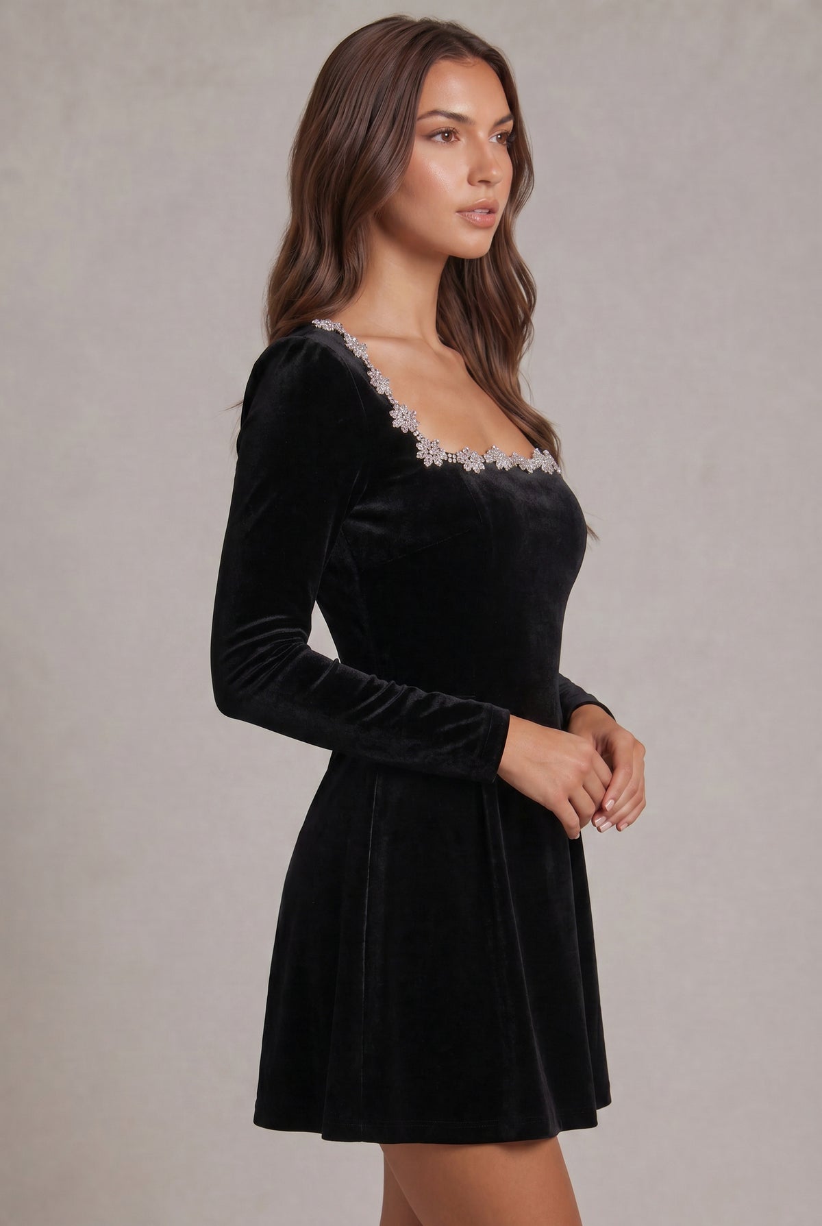 Velvet Long Sleeve A-Line Mini Dress