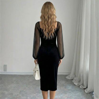 Velvet Mesh Long Sleeve Midi Dress