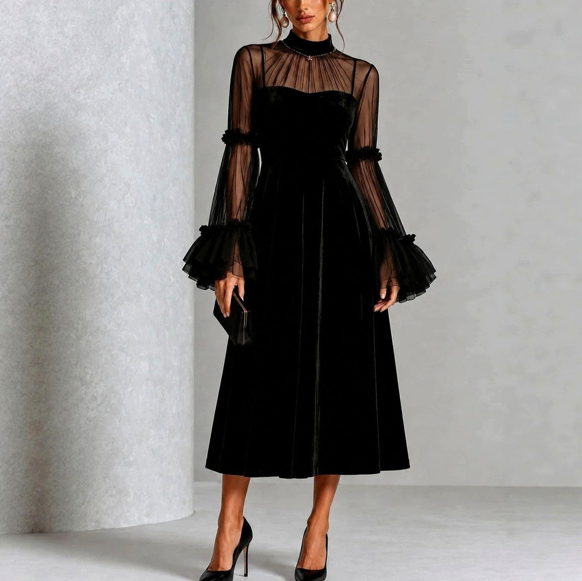 Velvet Mesh Long Sleeve Ruffle Midi Dress