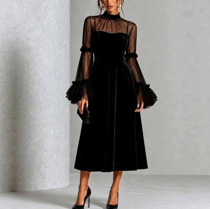 Velvet Mesh Long Sleeve Ruffle Midi Dress