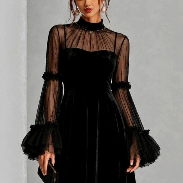 Velvet Mesh Long Sleeve Ruffle Midi Dress