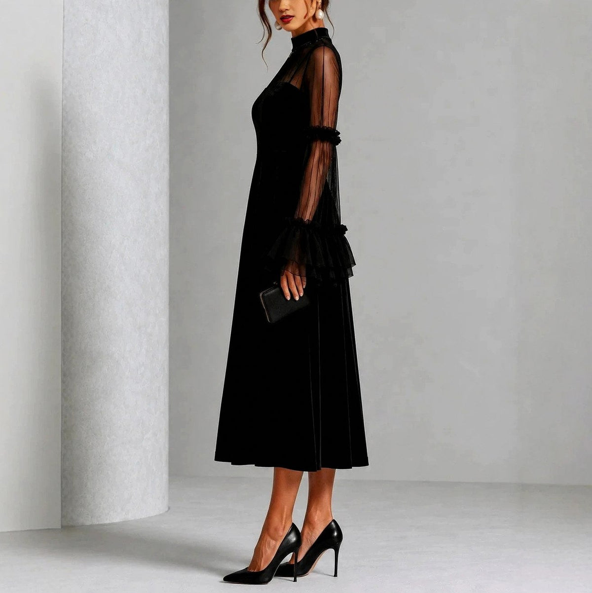 Velvet Mesh Long Sleeve Ruffle Midi Dress