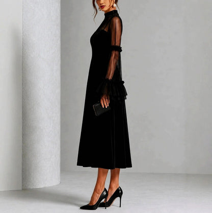 Velvet Mesh Long Sleeve Ruffle Midi Dress