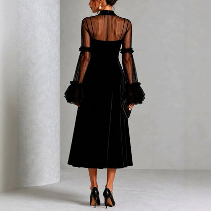 Velvet Mesh Long Sleeve Ruffle Midi Dress
