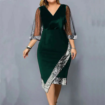 Velvet 3/4 Mesh Sleeve Sequin Midi Dress