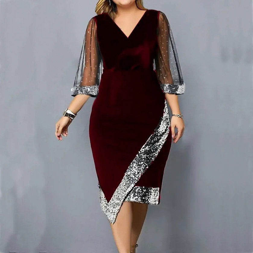 Velvet 3/4 Mesh Sleeve Sequin Midi Dress