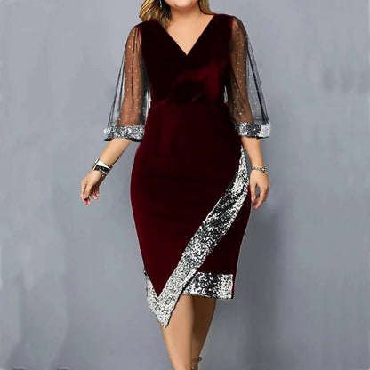 Velvet 3/4 Mesh Sleeve Sequin Midi Dress