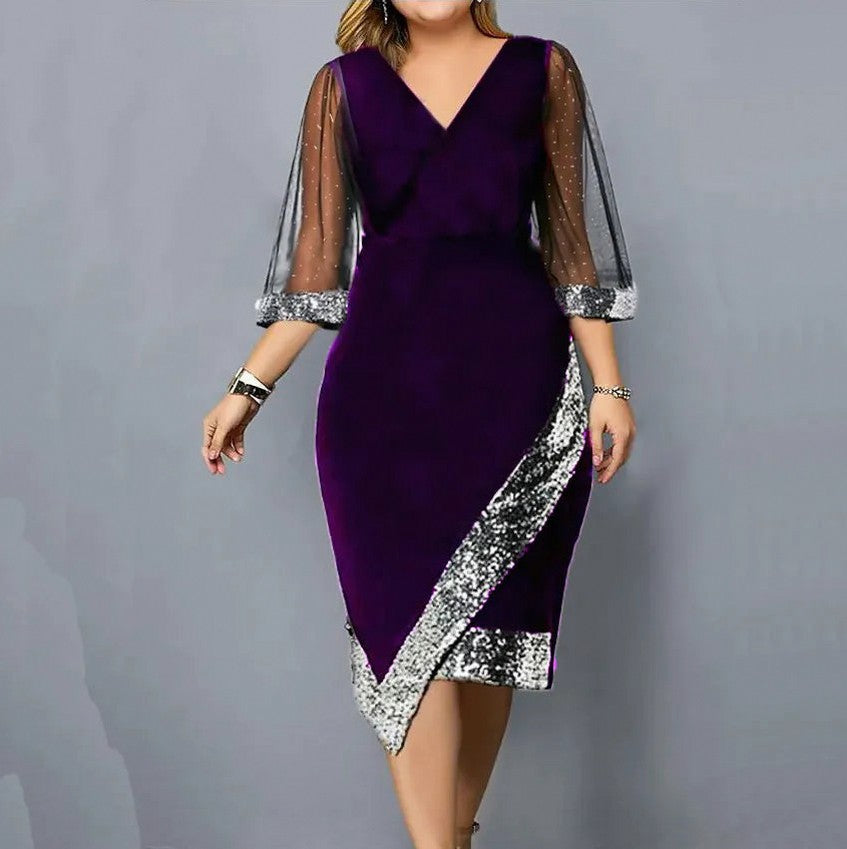 Velvet 3/4 Mesh Sleeve Sequin Midi Dress
