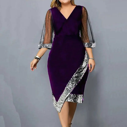 Velvet 3/4 Mesh Sleeve Sequin Midi Dress