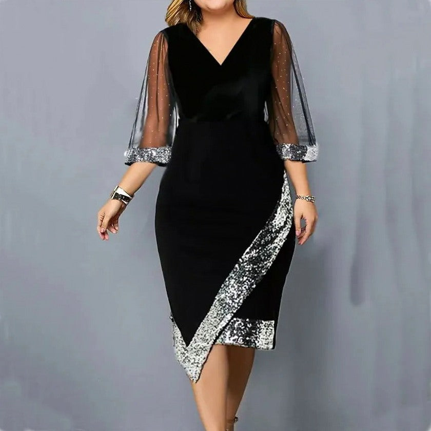 Velvet 3/4 Mesh Sleeve Sequin Midi Dress