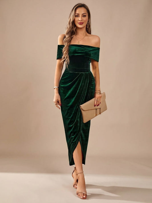 Velvet Off Shoulder Midi Dress