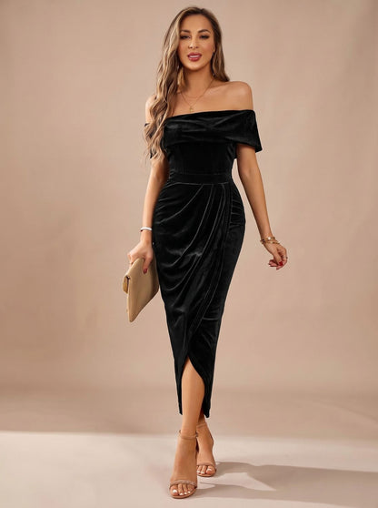 Velvet Off Shoulder Midi Dress