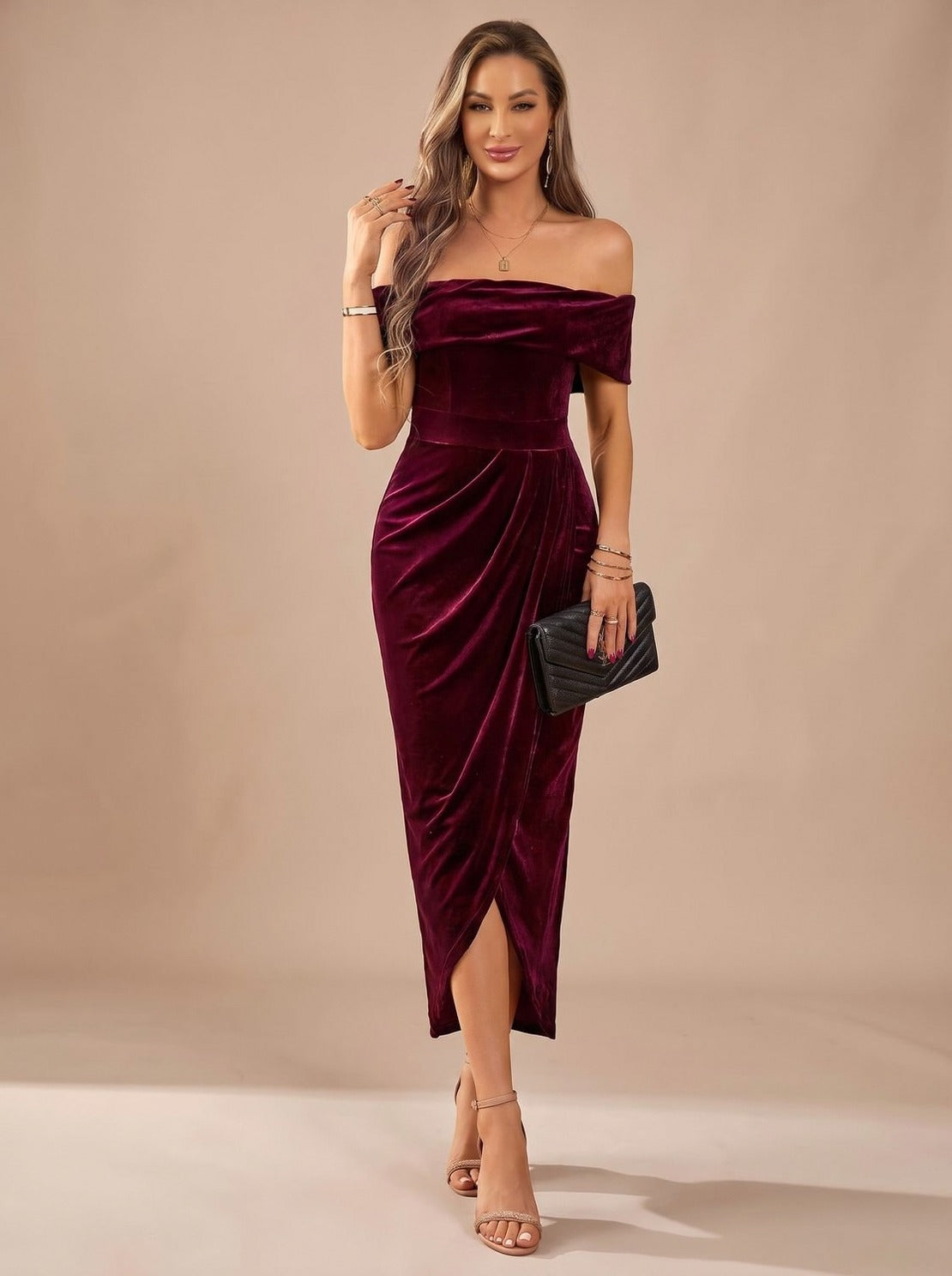 Velvet Off Shoulder Midi Dress