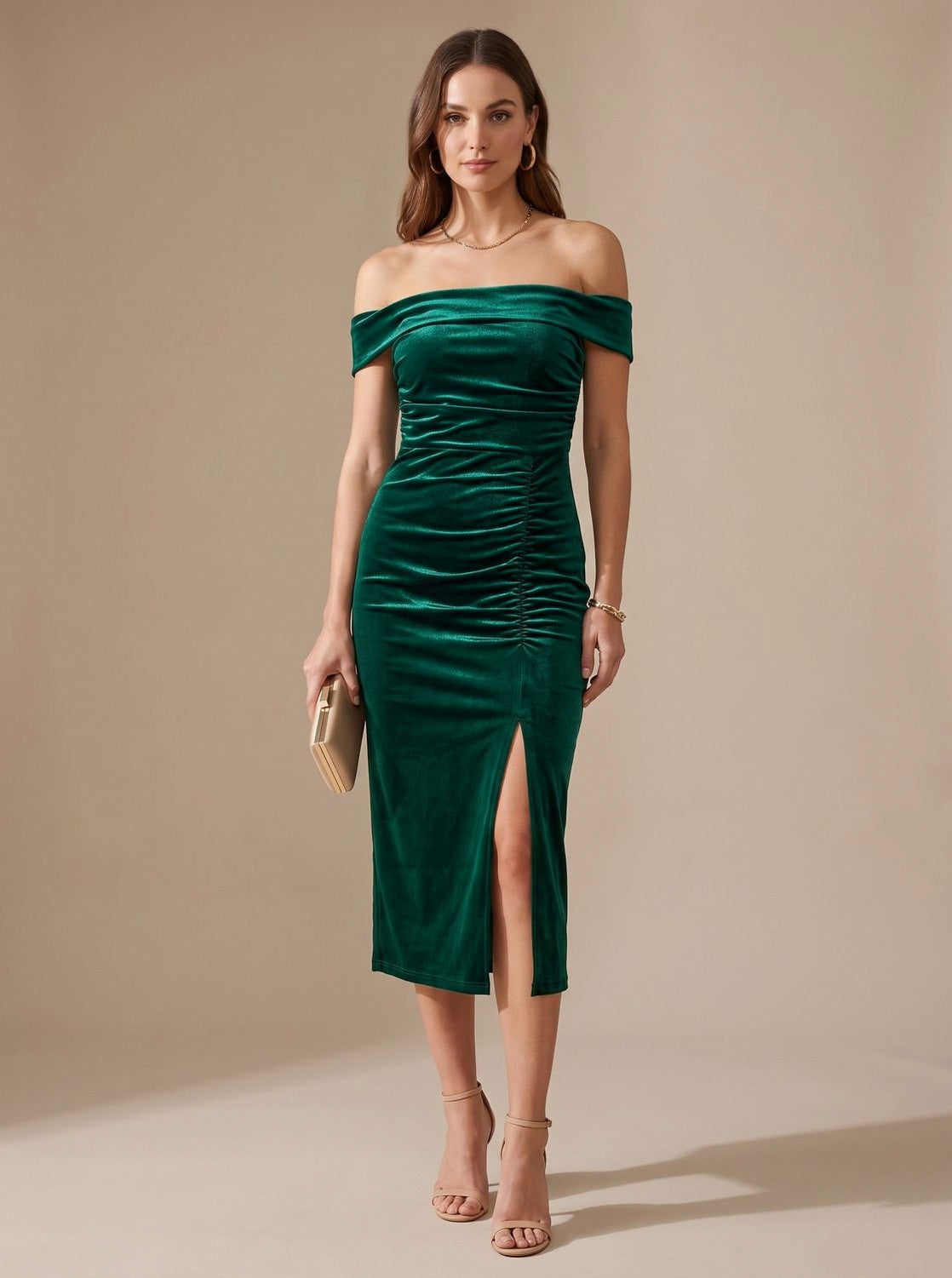Velvet Off Shoulder Midi Dress