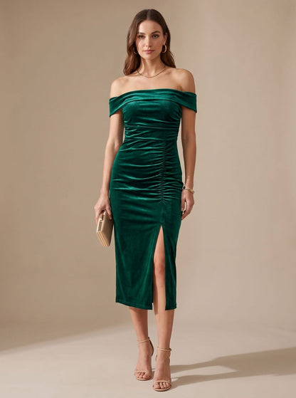 Velvet Off Shoulder Midi Dress