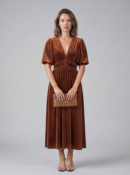 Velvet Puff Sleeve Maxi Dress