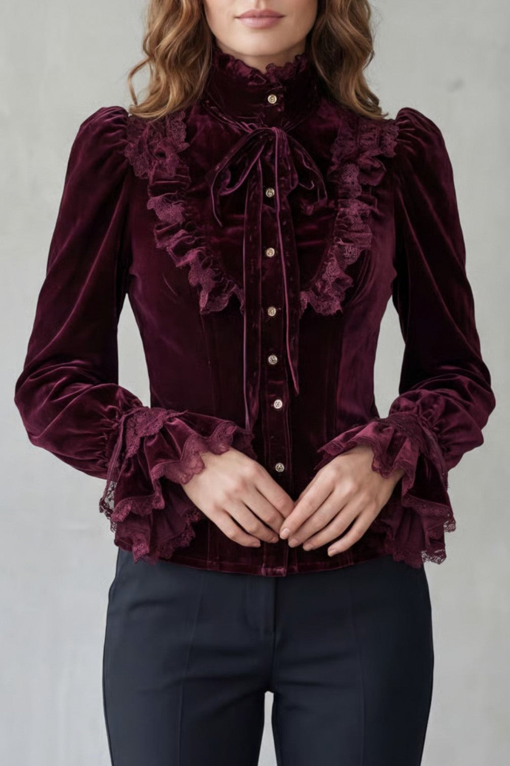 Velvet Ruffle Button Front Blouse