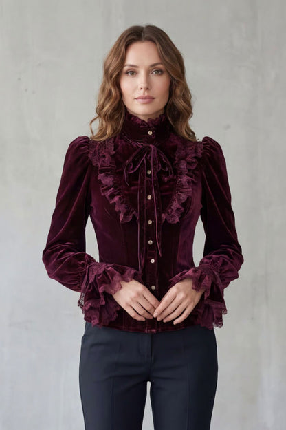 Velvet Ruffle Button Front Blouse