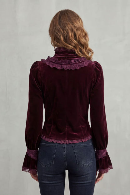 Velvet Ruffle Button Front Blouse