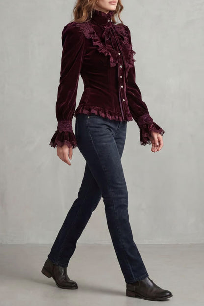 Velvet Ruffle Button Front Blouse
