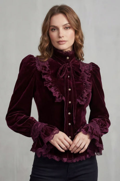 Velvet Ruffle Button Front Blouse