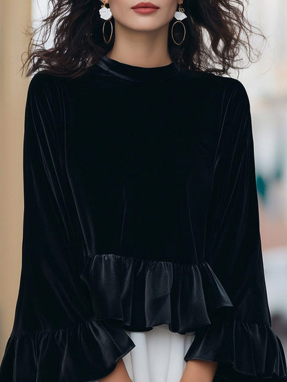 Velvet Ruffle Mock Neck Blouse