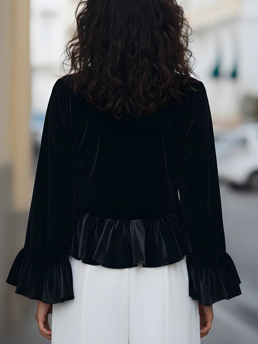 Velvet Ruffle Mock Neck Blouse
