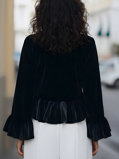 Velvet Ruffle Mock Neck Blouse