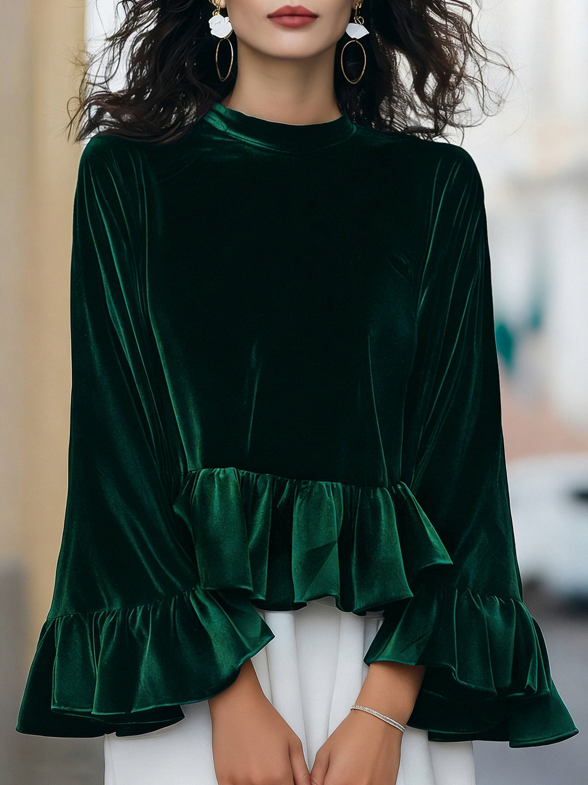 Velvet Ruffle Mock Neck Blouse