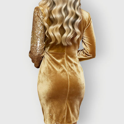 Velvet Sequin Long Sleeve Ruched Mini Dress
