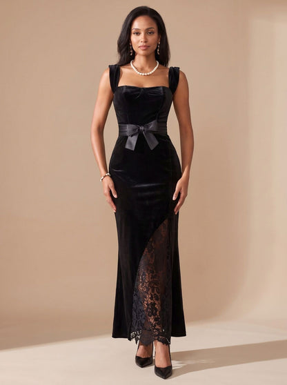 Velvet Square Neck Lace Maxi Dress