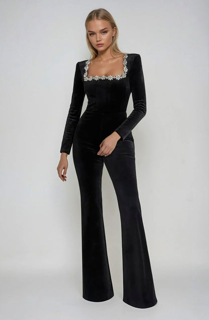 Velour Long Sleeve Square Neck Flared Jumpsuit