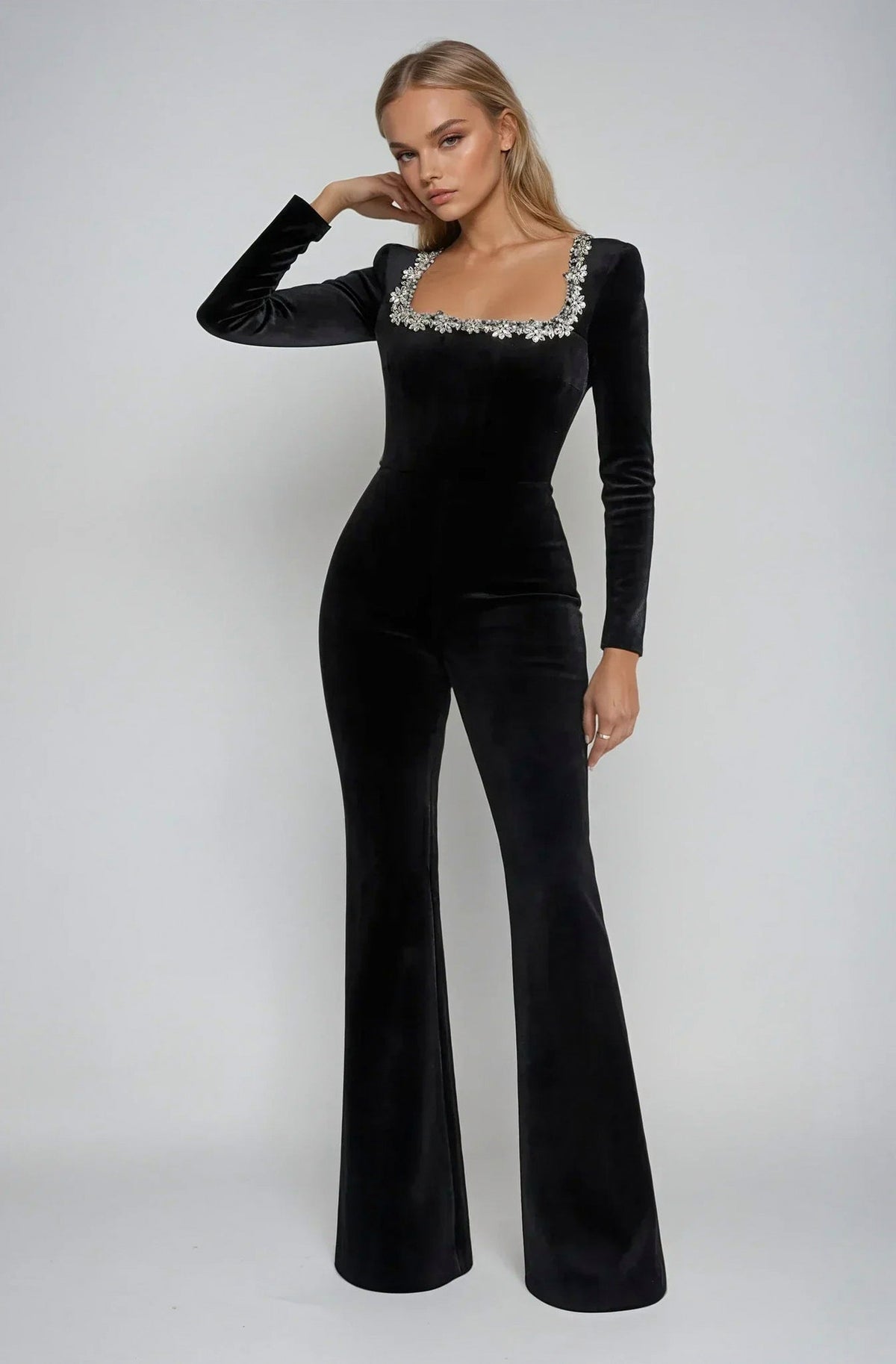 Velour Long Sleeve Square Neck Flared Jumpsuit