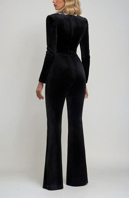 Velour Long Sleeve Square Neck Flared Jumpsuit