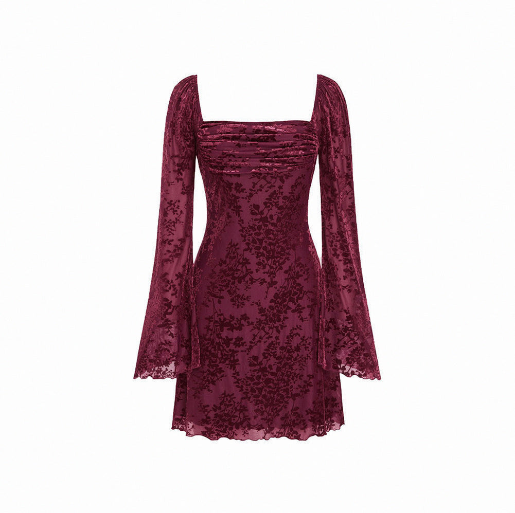 Velvet Square Neck Long Sleeve Mini Dress